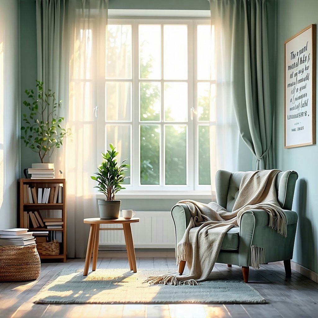 A quiet room with a big, bright window. A comfortable chair in the corner with a blanket over it. 